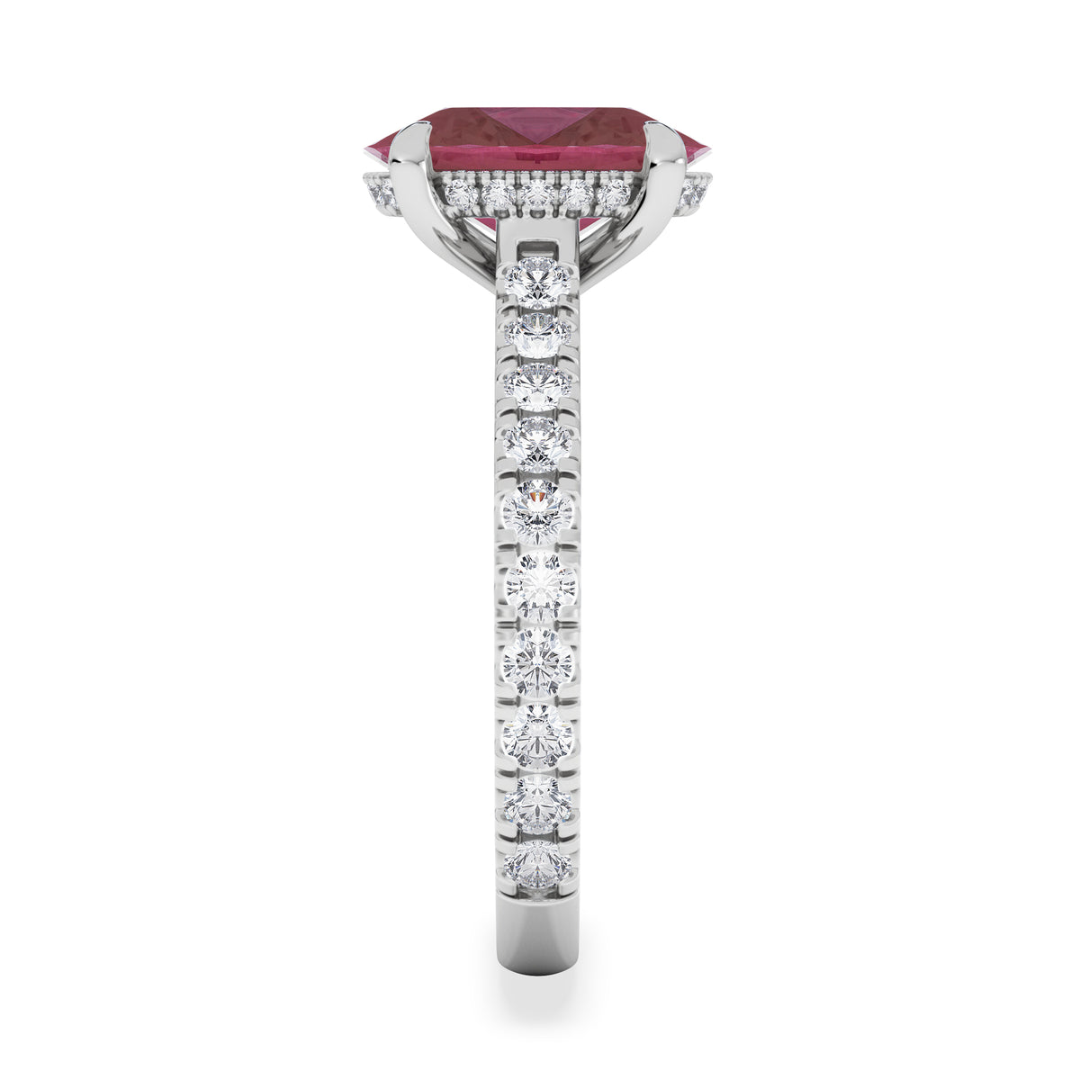 Amora Gem 2.00ct Oval Cut Lab Ruby Hidden Halo Engagement Ring with Side Stones in 18K White Gold
