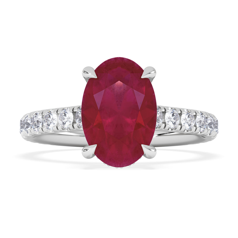 Amora Gem 2.00ct Oval Cut Lab Ruby Hidden Halo Engagement Ring with Side Stones in 18K White Gold
