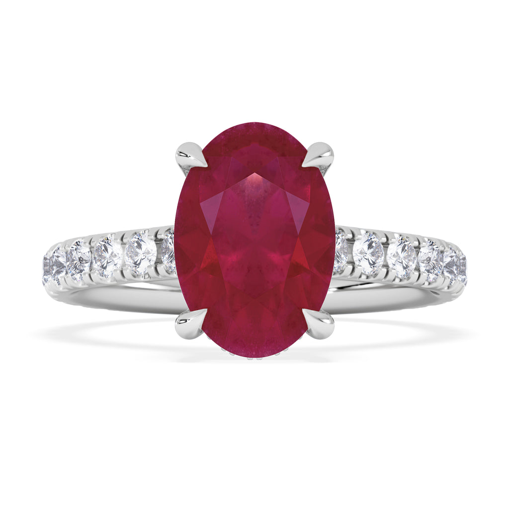 Amora Gem 2.00ct Oval Cut Lab Ruby Hidden Halo Engagement Ring with Side Stones in 18K White Gold