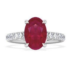 Amora Gem 2.00ct Oval Cut Lab Ruby Hidden Halo Engagement Ring with Side Stones in 18K White Gold