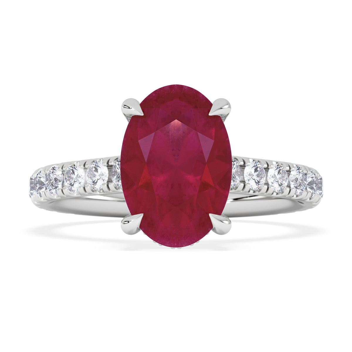 Amora Gem 2.00ct Oval Cut Lab Ruby Hidden Halo Engagement Ring with Side Stones in 18K White Gold