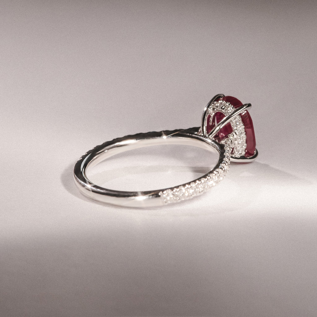 Amora Gem 2.00ct Oval Cut Lab Ruby Hidden Halo Engagement Ring with Side Stones in 18K White Gold