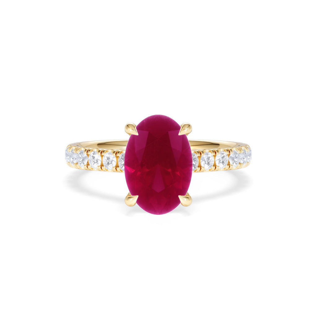 Amora 2.00ct Oval Cut Lab Ruby Hidden Halo Engagement with Side Stones Ring in 18K Yellow Gold