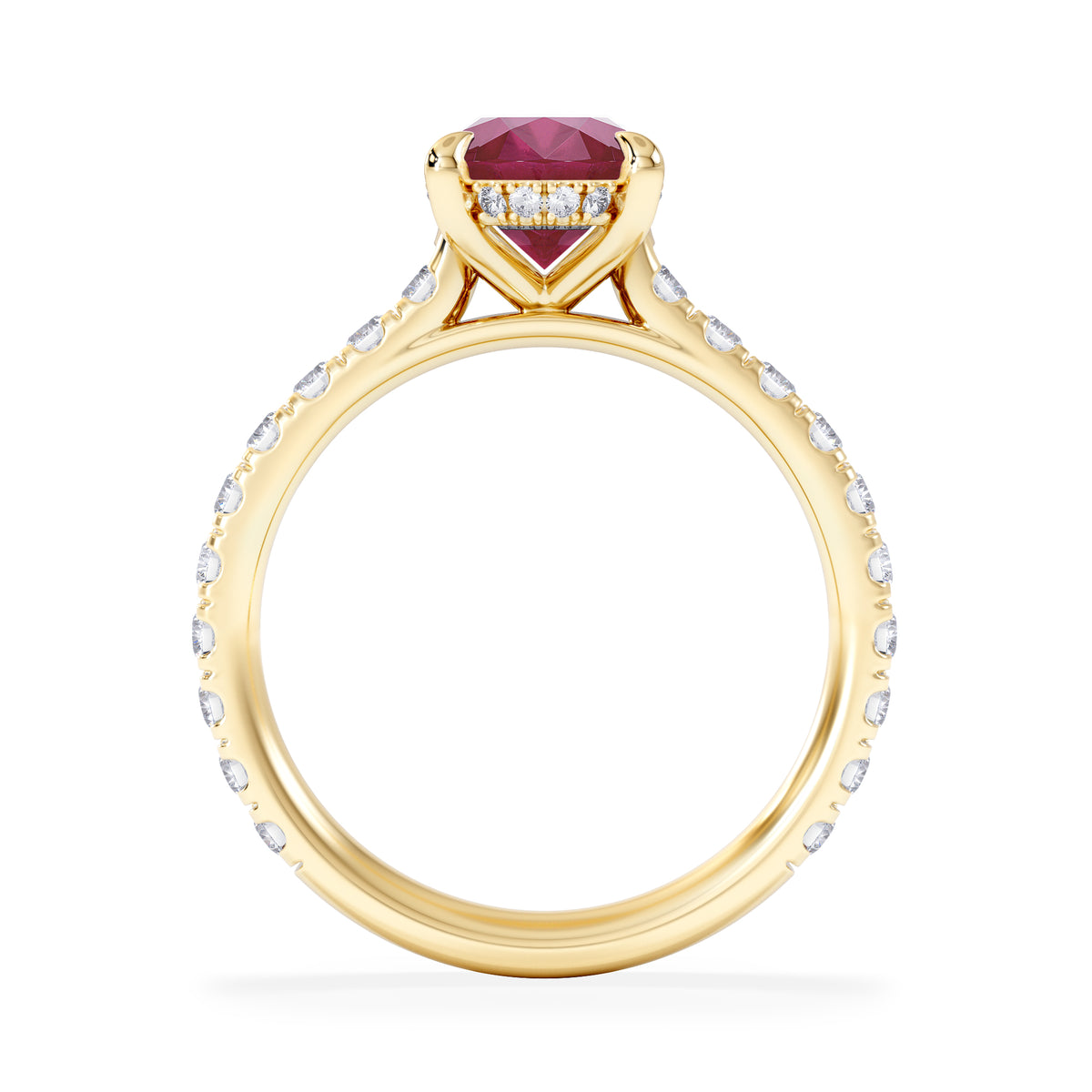 Amora Gem 2.00ct Oval Cut Lab Ruby Hidden Halo Engagement with Side Stones Ring in 18K Yellow Gold