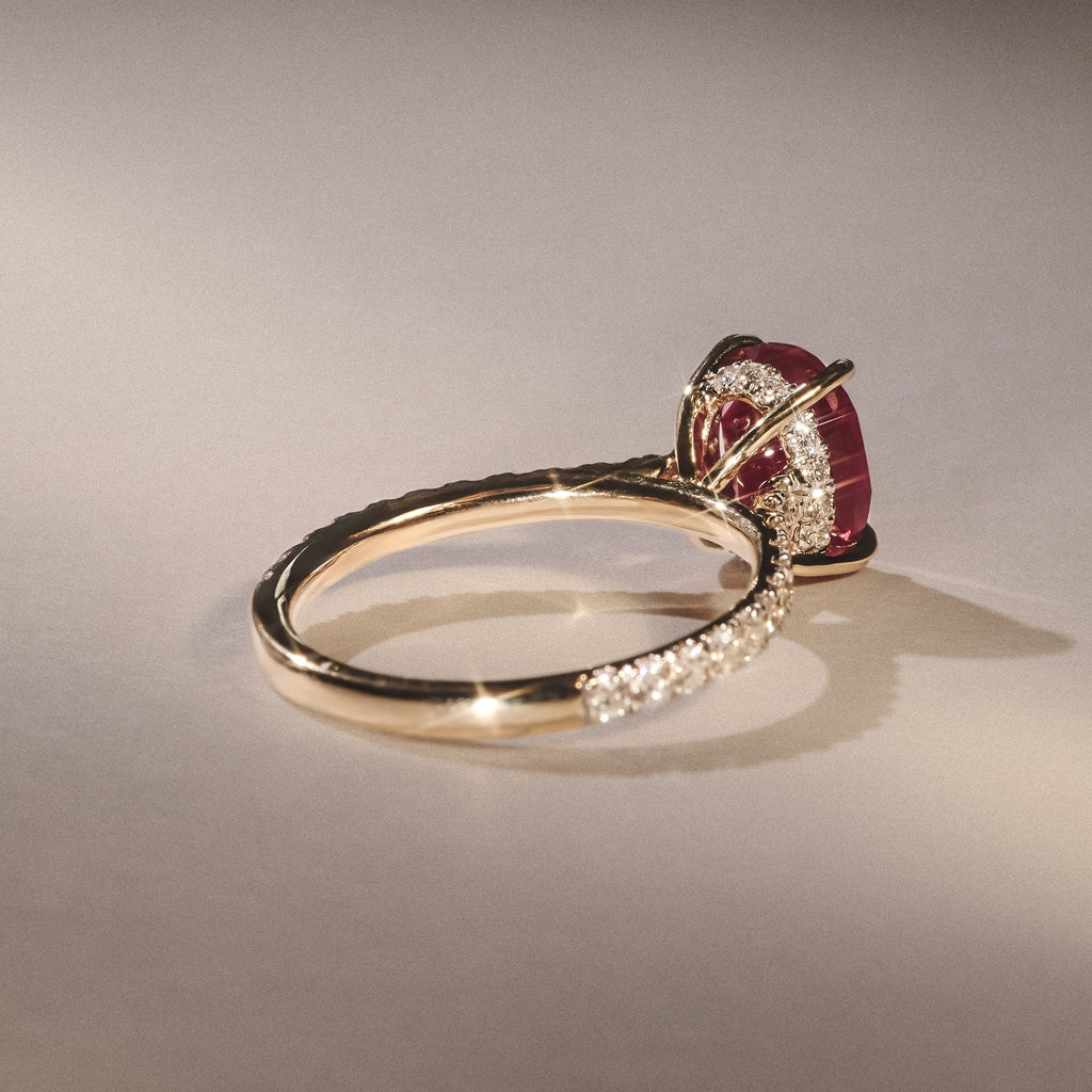 Amora Gem 2.00ct Oval Cut Lab Ruby Hidden Halo Engagement with Side Stones Ring in 18K Yellow Gold