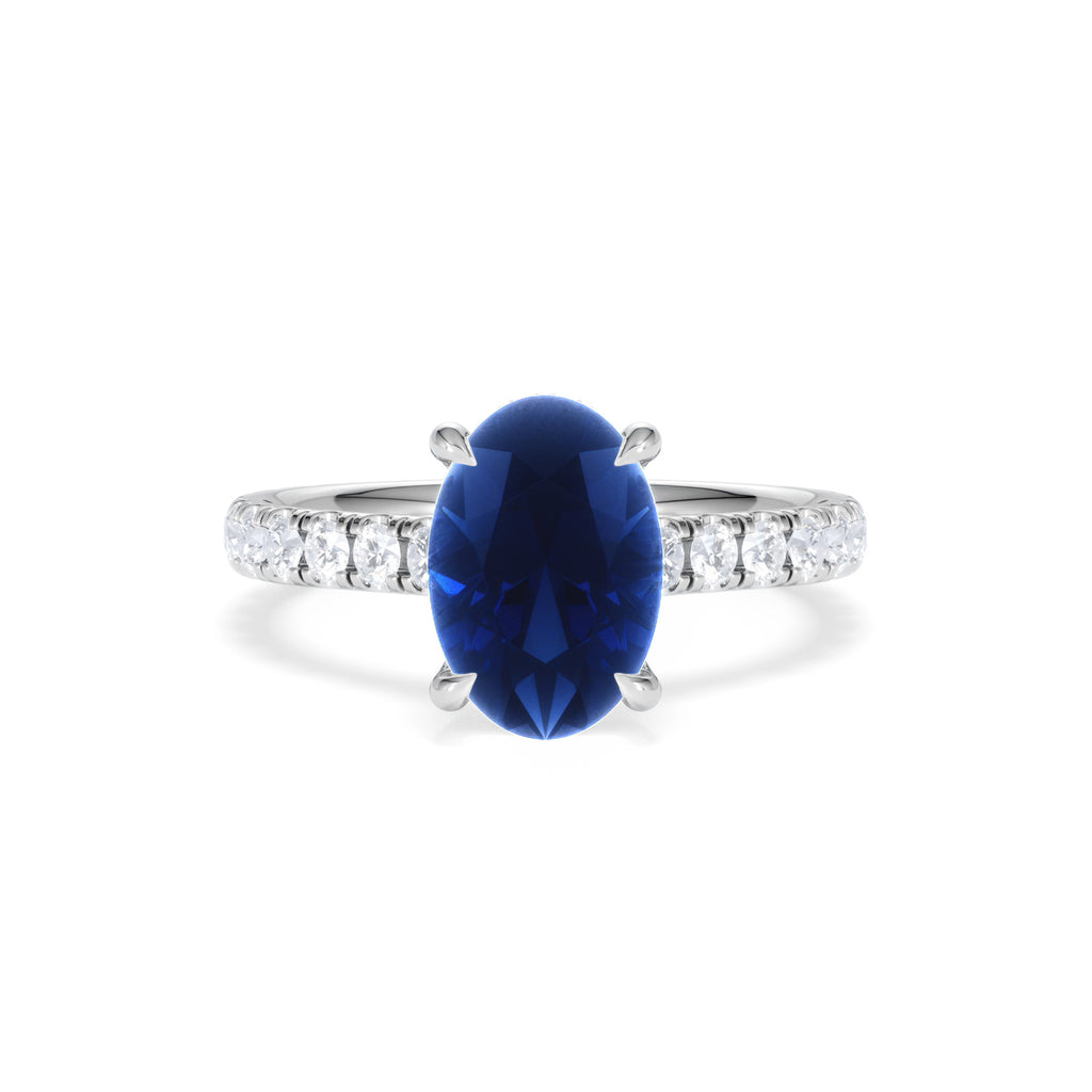 Amora 2.00ct Oval Cut Lab Sapphire Hidden Halo Engagement Ring with Side Stones in 18K White Gold