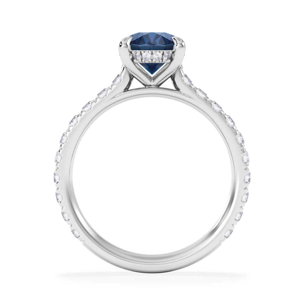 Amora Gem 2.00ct Oval Cut Lab Sapphire Hidden Halo Engagement Ring with Side Stones in 18K White Gold