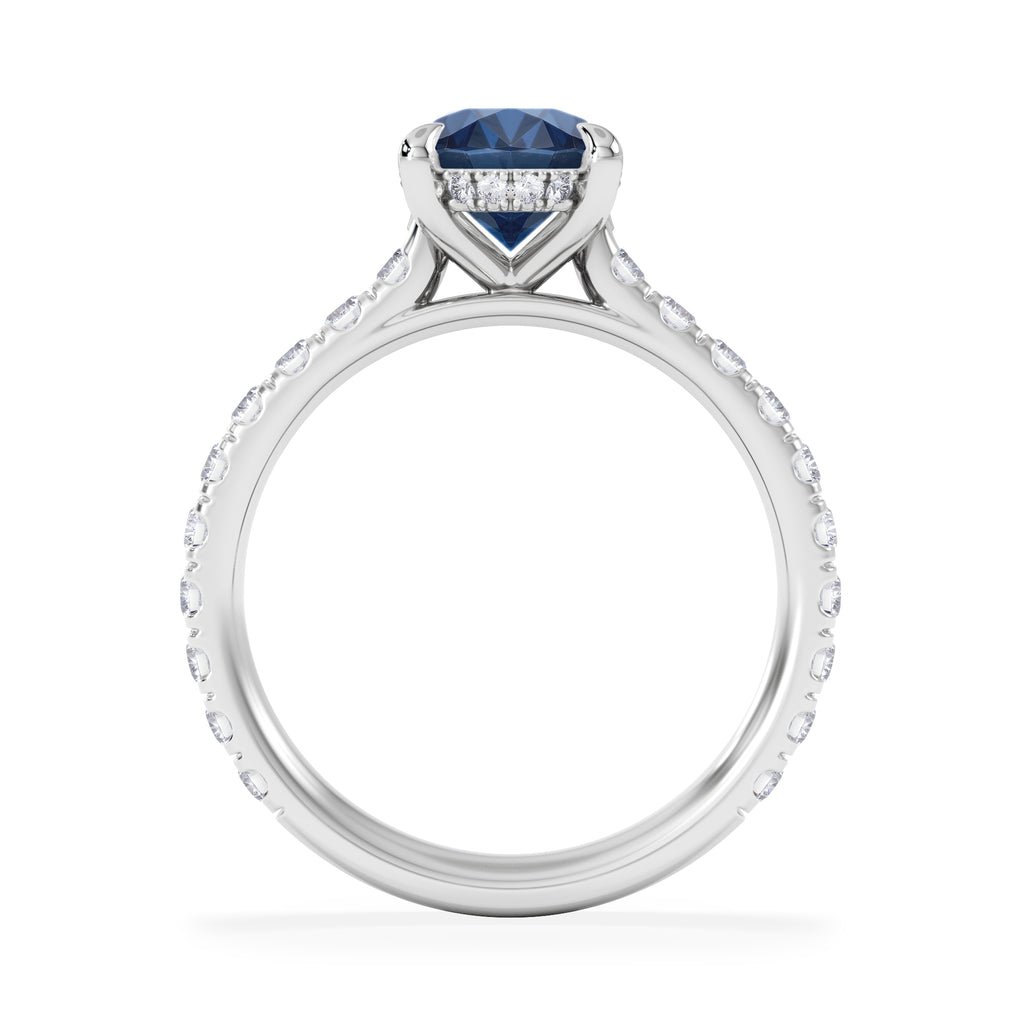 Amora Gem 2.00ct Oval Cut Lab Sapphire Hidden Halo Engagement Ring with Side Stones in 18K White Gold