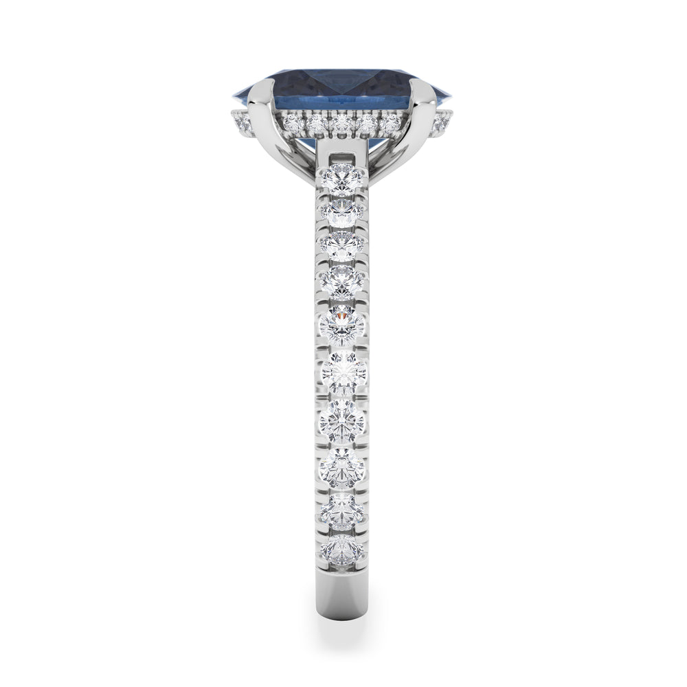 Amora Gem 2.00ct Oval Cut Lab Sapphire Hidden Halo Engagement Ring with Side Stones in 18K White Gold