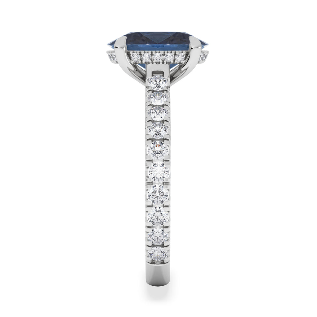 Amora Gem 2.00ct Oval Cut Lab Sapphire Hidden Halo Engagement Ring with Side Stones in 18K White Gold