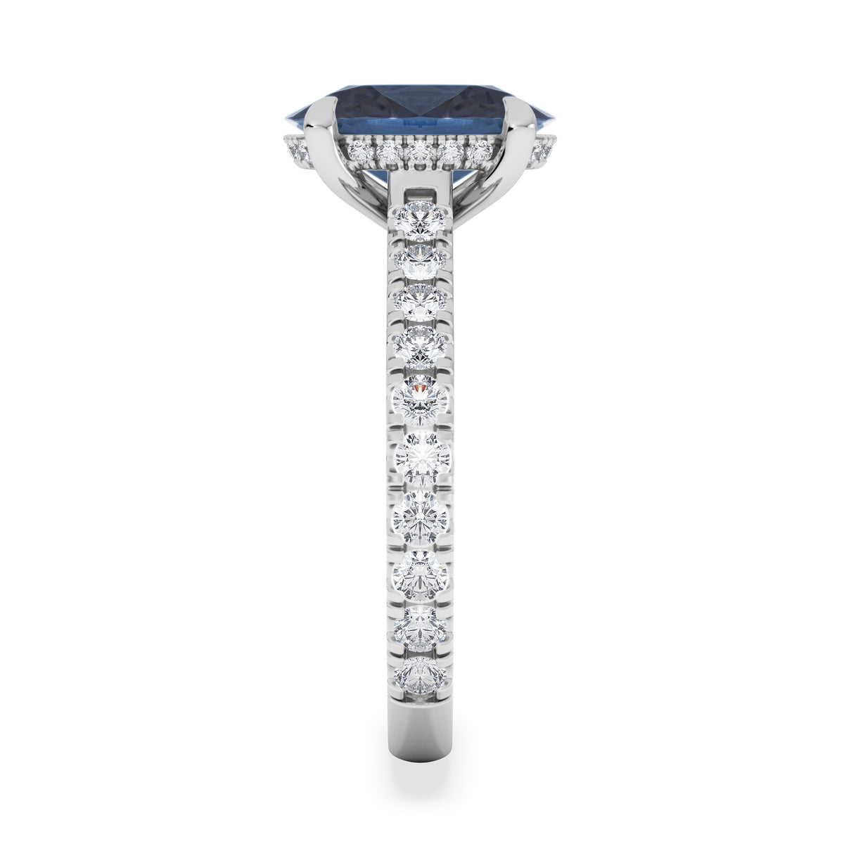Amora Gem 2.00ct Oval Cut Lab Sapphire Hidden Halo Engagement Ring with Side Stones in 18K White Gold