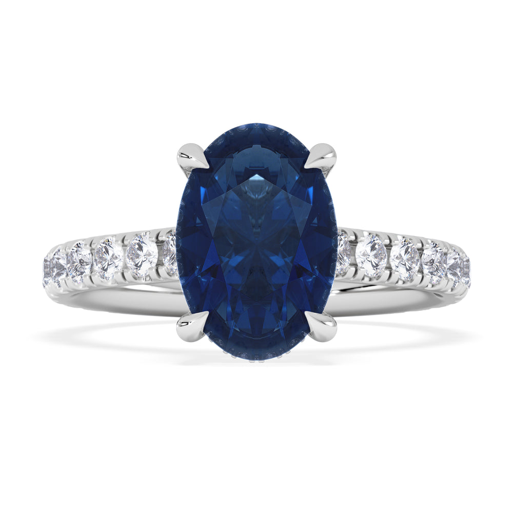 Amora Gem 2.00ct Oval Cut Lab Sapphire Hidden Halo Engagement Ring with Side Stones in 18K White Gold