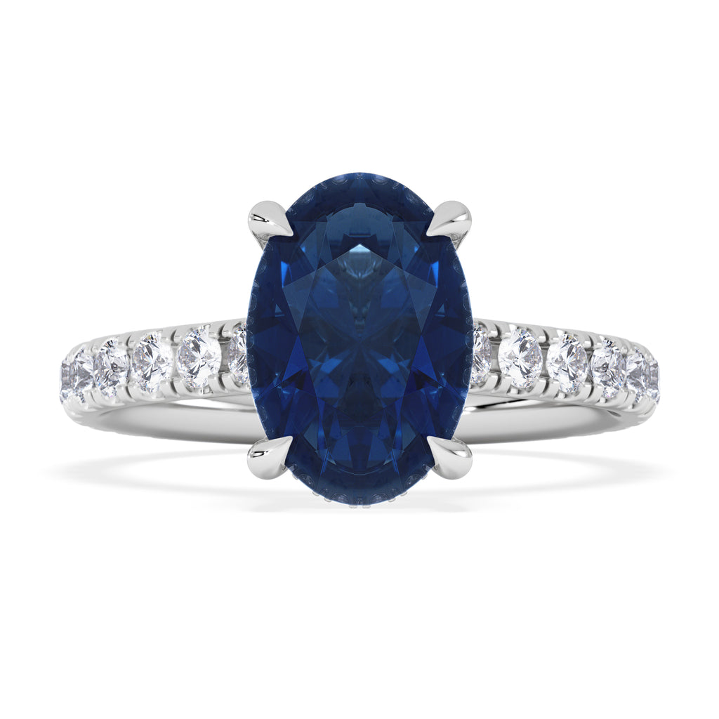 Amora Gem 2.00ct Oval Cut Lab Sapphire Hidden Halo Engagement Ring with Side Stones in 18K White Gold