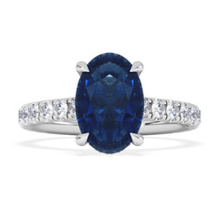 Amora Gem 2.00ct Oval Cut Lab Sapphire Hidden Halo Engagement Ring with Side Stones in 18K White Gold
