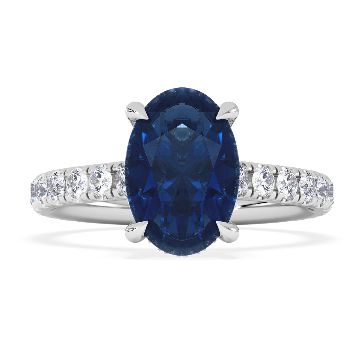 Amora Gem 2.00ct Oval Cut Lab Sapphire Hidden Halo Engagement Ring with Side Stones in 18K White Gold