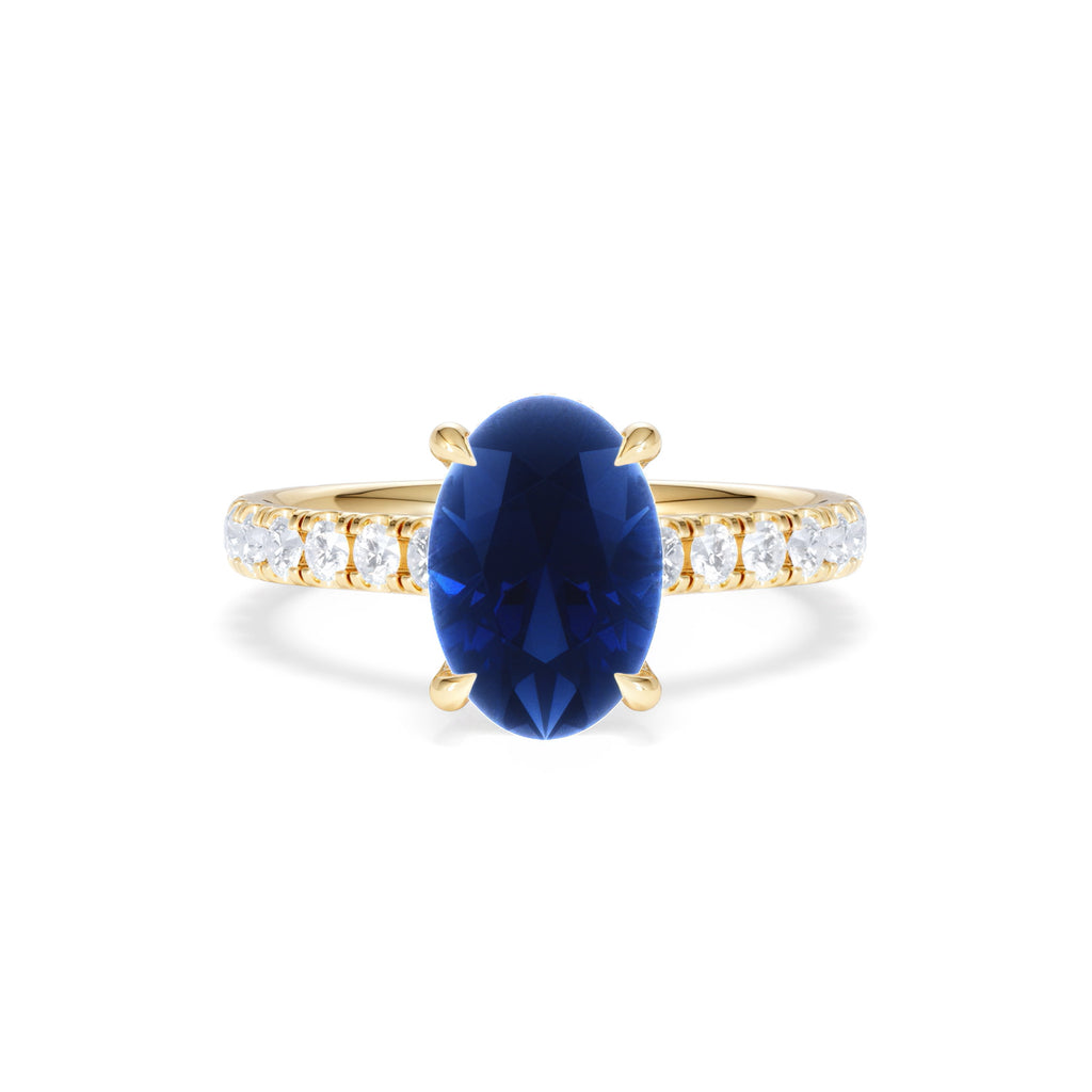 Amora 2.00ct Oval Cut Lab Sapphire Hidden Halo Engagement Ring with Side Stones in 18K Yellow Gold