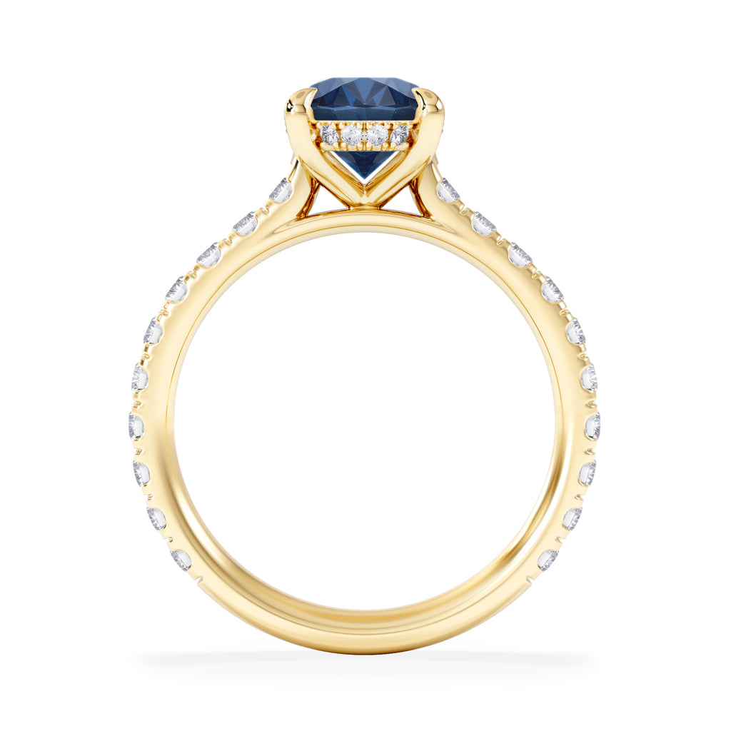 Amora Gem 2.00ct Oval Cut Lab Sapphire Hidden Halo Engagement Ring with Side Stones in 18K Yellow Gold