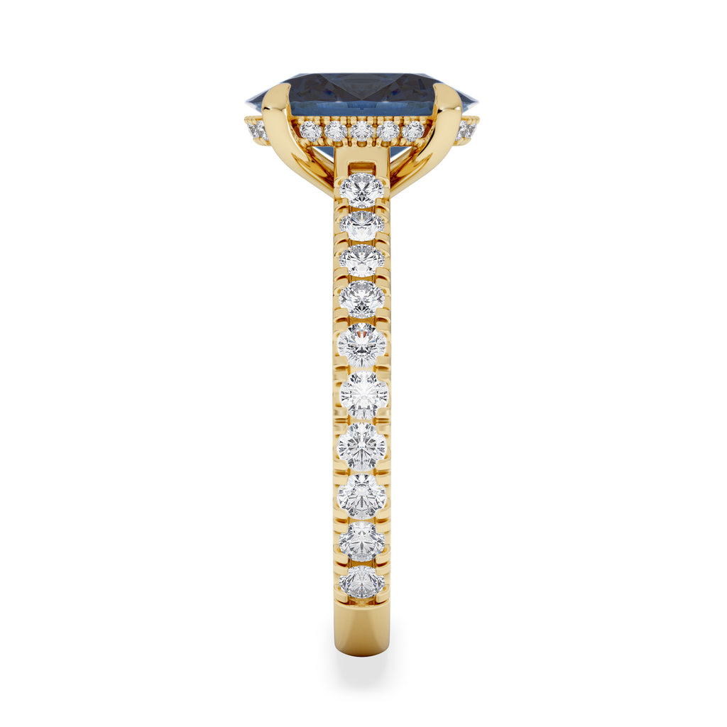 Amora Gem 2.00ct Oval Cut Lab Sapphire Hidden Halo Engagement Ring with Side Stones in 18K Yellow Gold