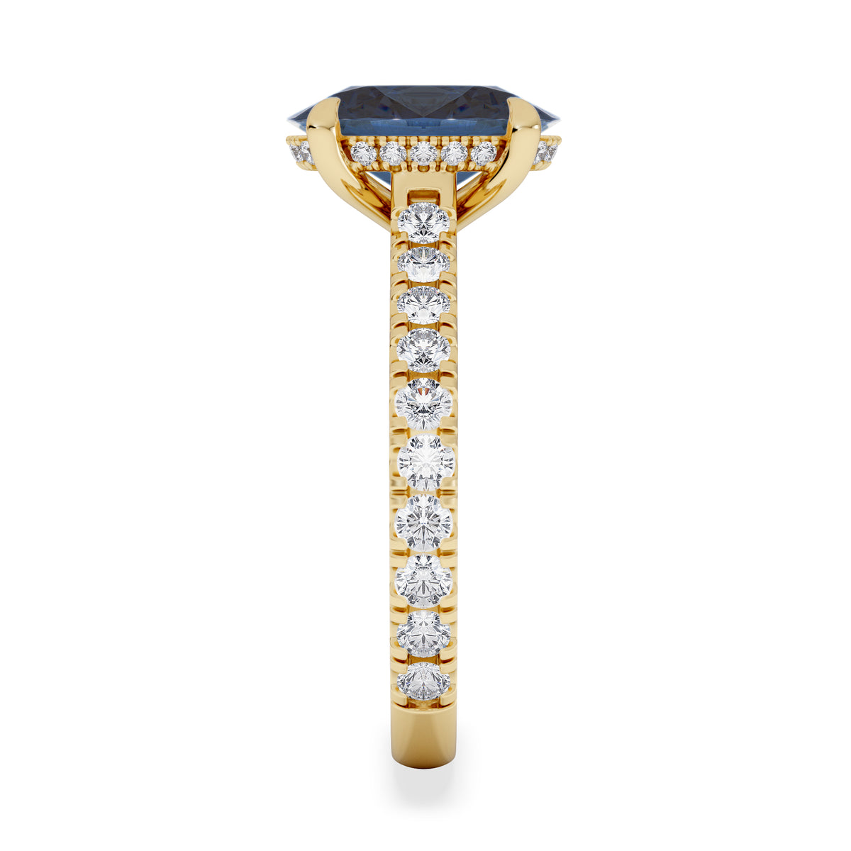 Amora Gem 2.00ct Oval Cut Lab Sapphire Hidden Halo Engagement Ring with Side Stones in 18K Yellow Gold