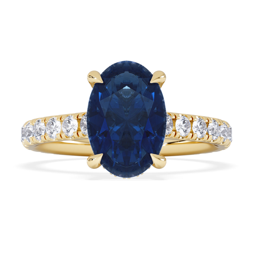 Amora Gem 2.00ct Oval Cut Lab Sapphire Hidden Halo Engagement Ring with Side Stones in 18K Yellow Gold