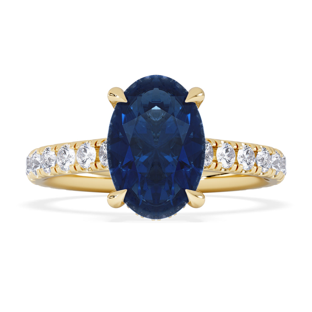 Amora Gem 2.00ct Oval Cut Lab Sapphire Hidden Halo Engagement Ring with Side Stones in 18K Yellow Gold