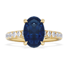 Amora Gem 2.00ct Oval Cut Lab Sapphire Hidden Halo Engagement Ring with Side Stones in 18K Yellow Gold