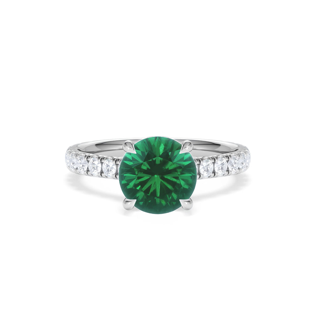 Amora 2.00ct Round Cut Lab Emerald Hidden Halo Engagement Ring with Side Stones in 18K White Gold