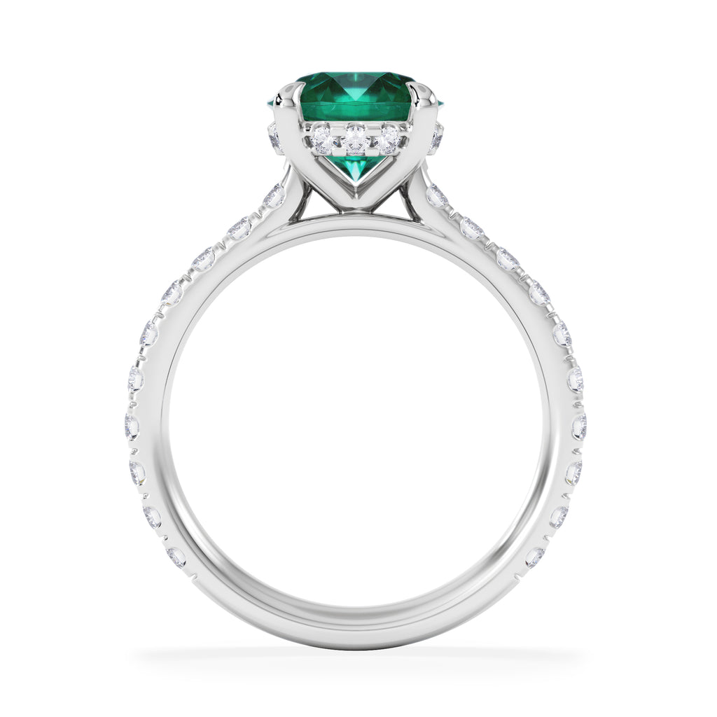 Amora Gem 2.00ct Round Cut Lab Emerald Hidden Halo Engagement Ring with Side Stones in 18K White Gold