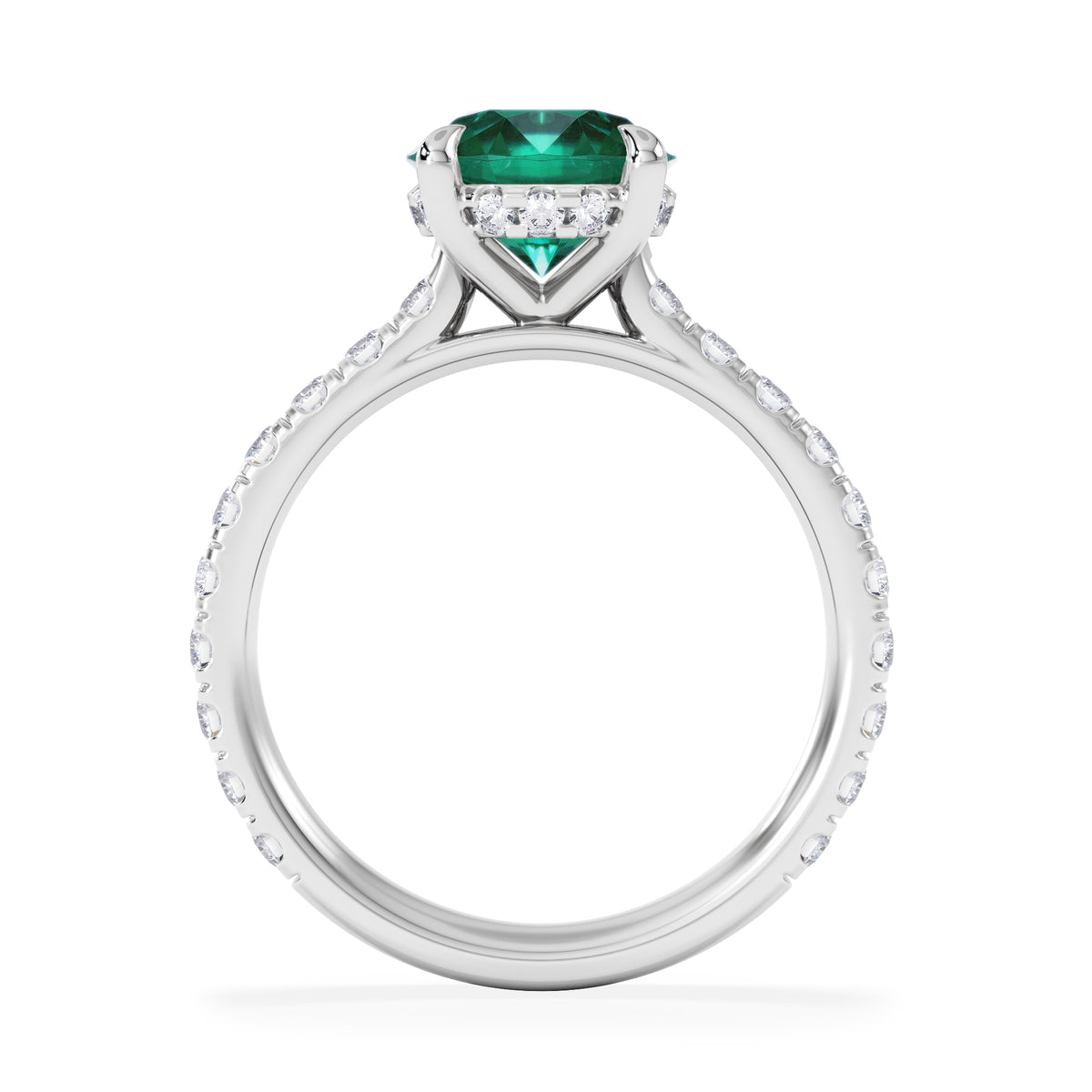 Amora Gem 2.00ct Round Cut Lab Emerald Hidden Halo Engagement Ring with Side Stones in 18K White Gold