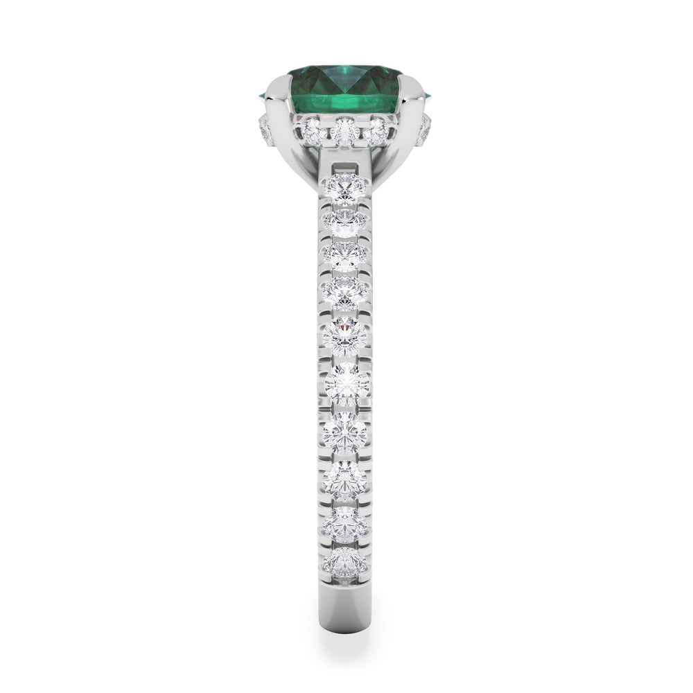 Amora Gem 2.00ct Round Cut Lab Emerald Hidden Halo Engagement Ring with Side Stones in 18K White Gold