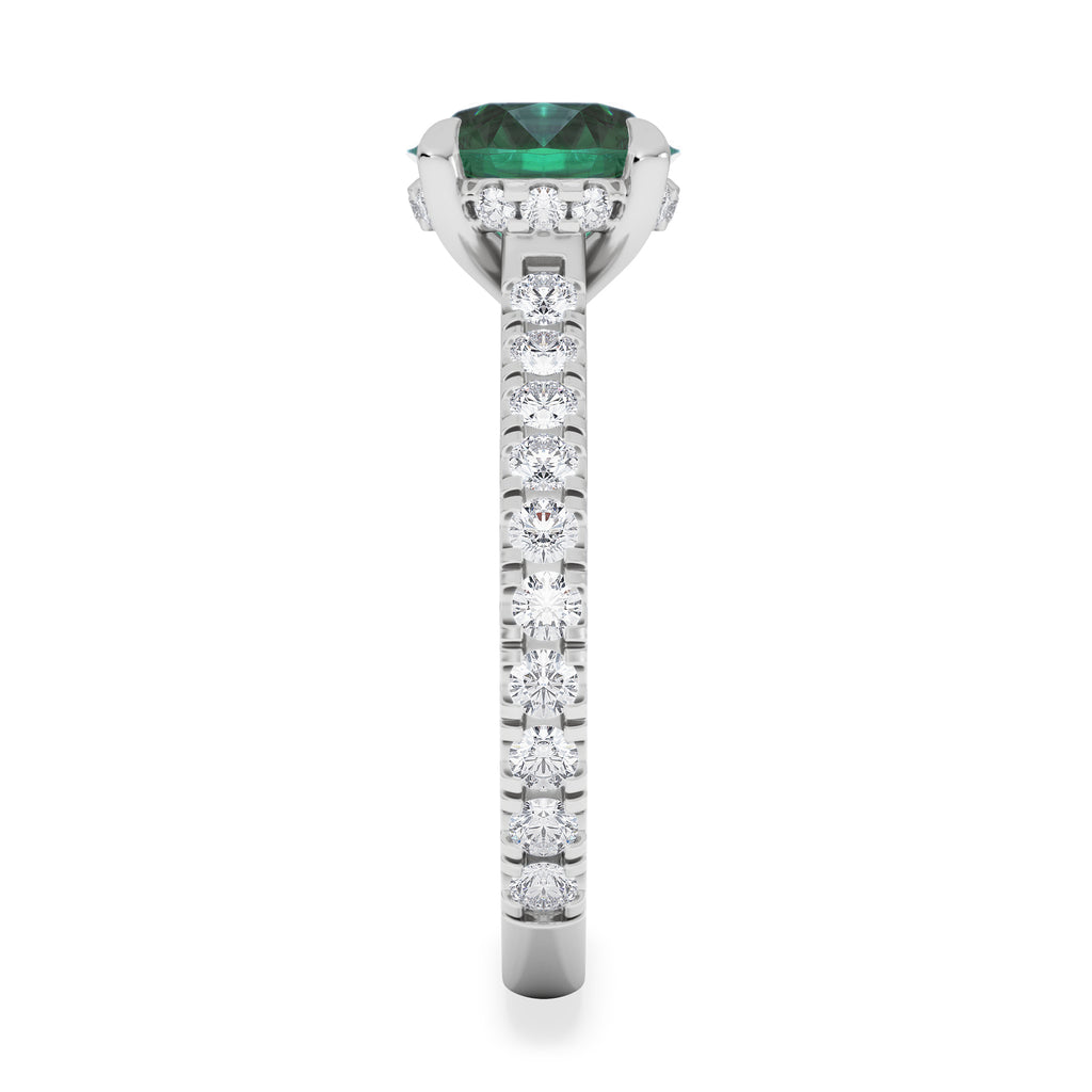 Amora Gem 2.00ct Round Cut Lab Emerald Hidden Halo Engagement Ring with Side Stones in 18K White Gold