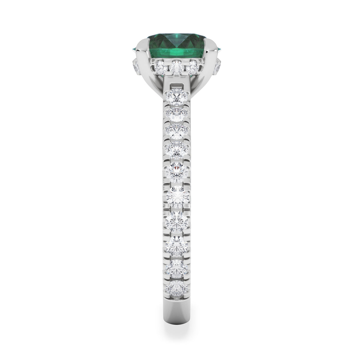 Amora Gem 2.00ct Round Cut Lab Emerald Hidden Halo Engagement Ring with Side Stones in 18K White Gold