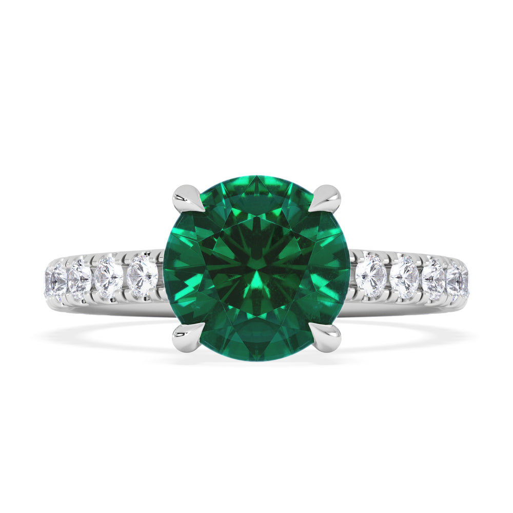 Amora Gem 2.00ct Round Cut Lab Emerald Hidden Halo Engagement Ring with Side Stones in 18K White Gold