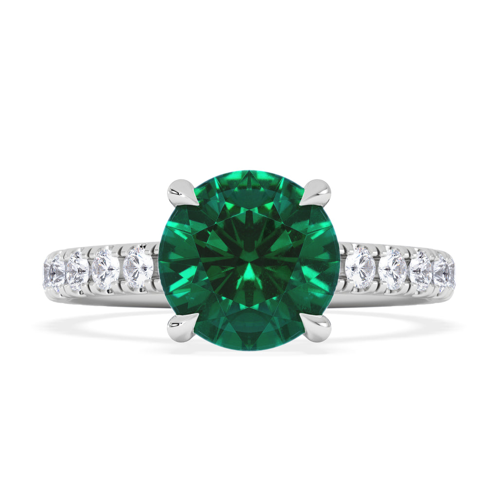 Amora Gem 2.00ct Round Cut Lab Emerald Hidden Halo Engagement Ring with Side Stones in 18K White Gold