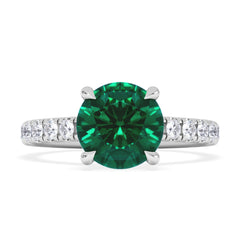 Amora Gem 2.00ct Round Cut Lab Emerald Hidden Halo Engagement Ring with Side Stones in 18K White Gold
