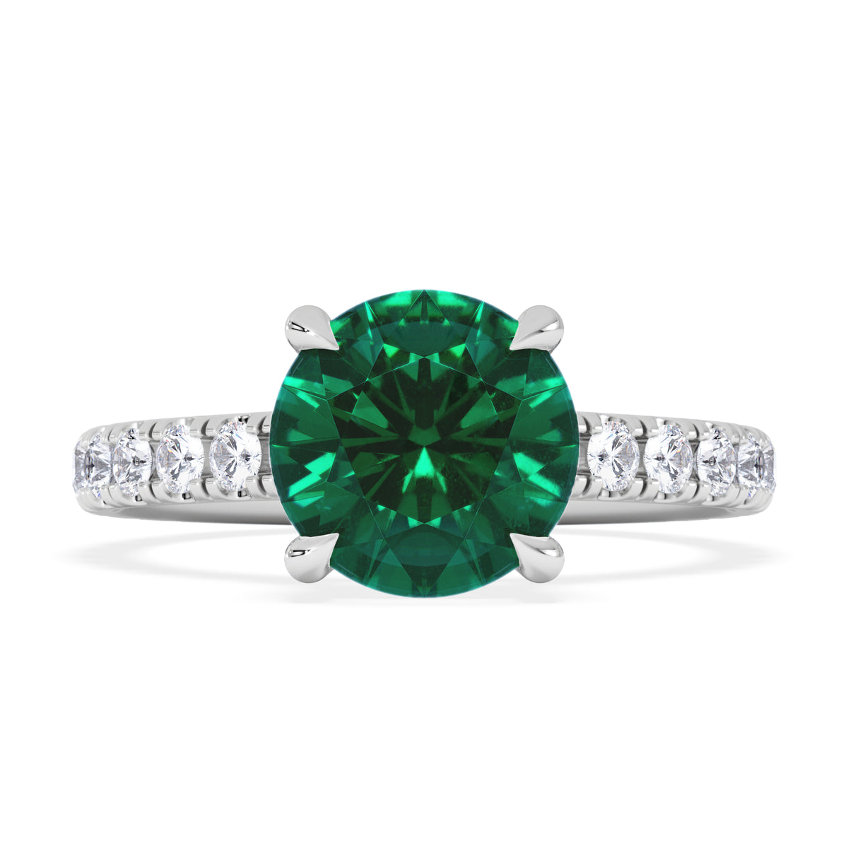 Amora Gem 2.00ct Round Cut Lab Emerald Hidden Halo Engagement Ring with Side Stones in 18K White Gold