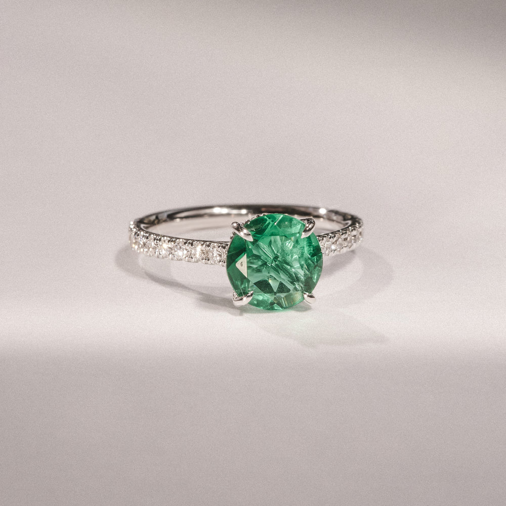 Amora Gem 2.00ct Round Cut Lab Emerald Hidden Halo Engagement Ring with Side Stones in 18K White Gold