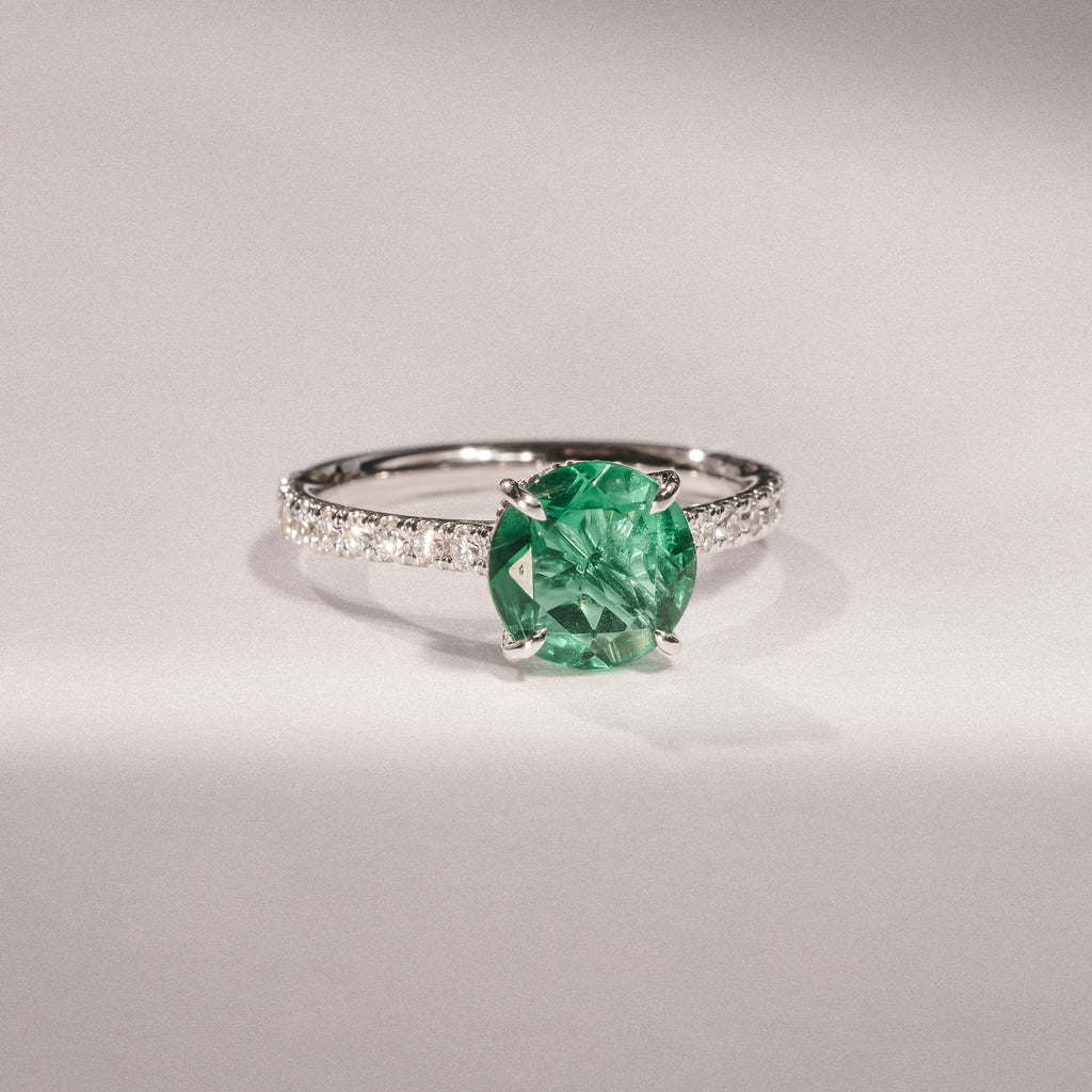 Amora Gem 2.00ct Round Cut Lab Emerald Hidden Halo Engagement Ring with Side Stones in 18K White Gold
