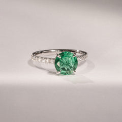 Amora Gem 2.00ct Round Cut Lab Emerald Hidden Halo Engagement Ring with Side Stones in 18K White Gold