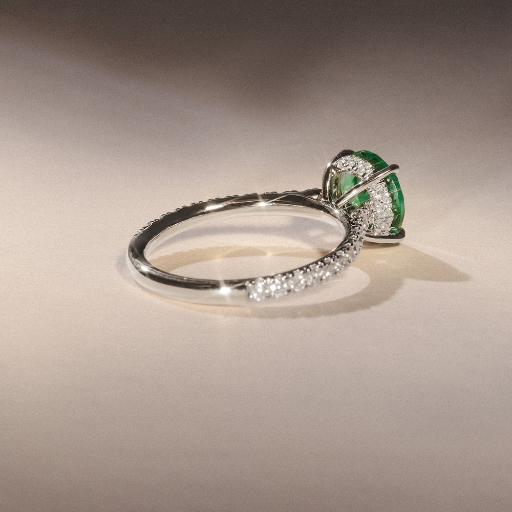Amora Gem 2.00ct Round Cut Lab Emerald Hidden Halo Engagement Ring with Side Stones in 18K White Gold