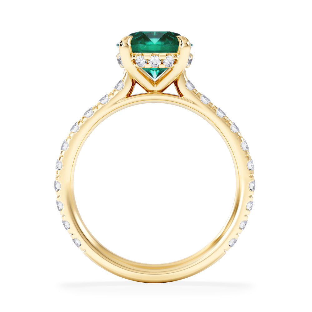 Amora Gem 2.00ct Round Cut Lab Emerald Hidden Halo Engagement Ring with Side Stones in 18K Yellow Gold