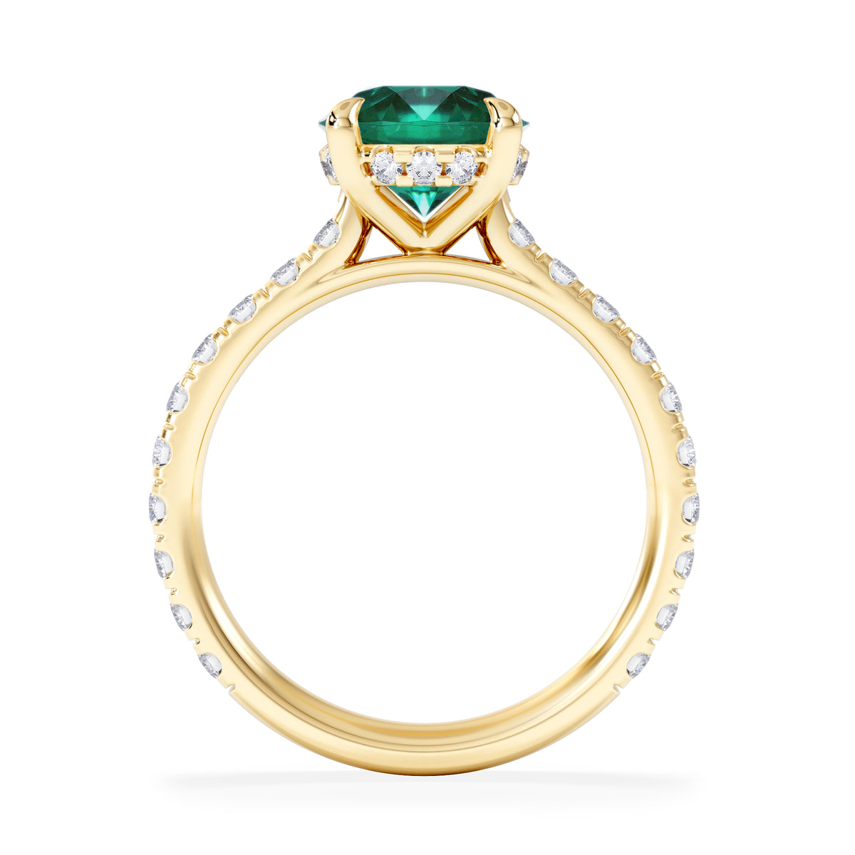 Amora Gem 2.00ct Round Cut Lab Emerald Hidden Halo Engagement Ring with Side Stones in 18K Yellow Gold