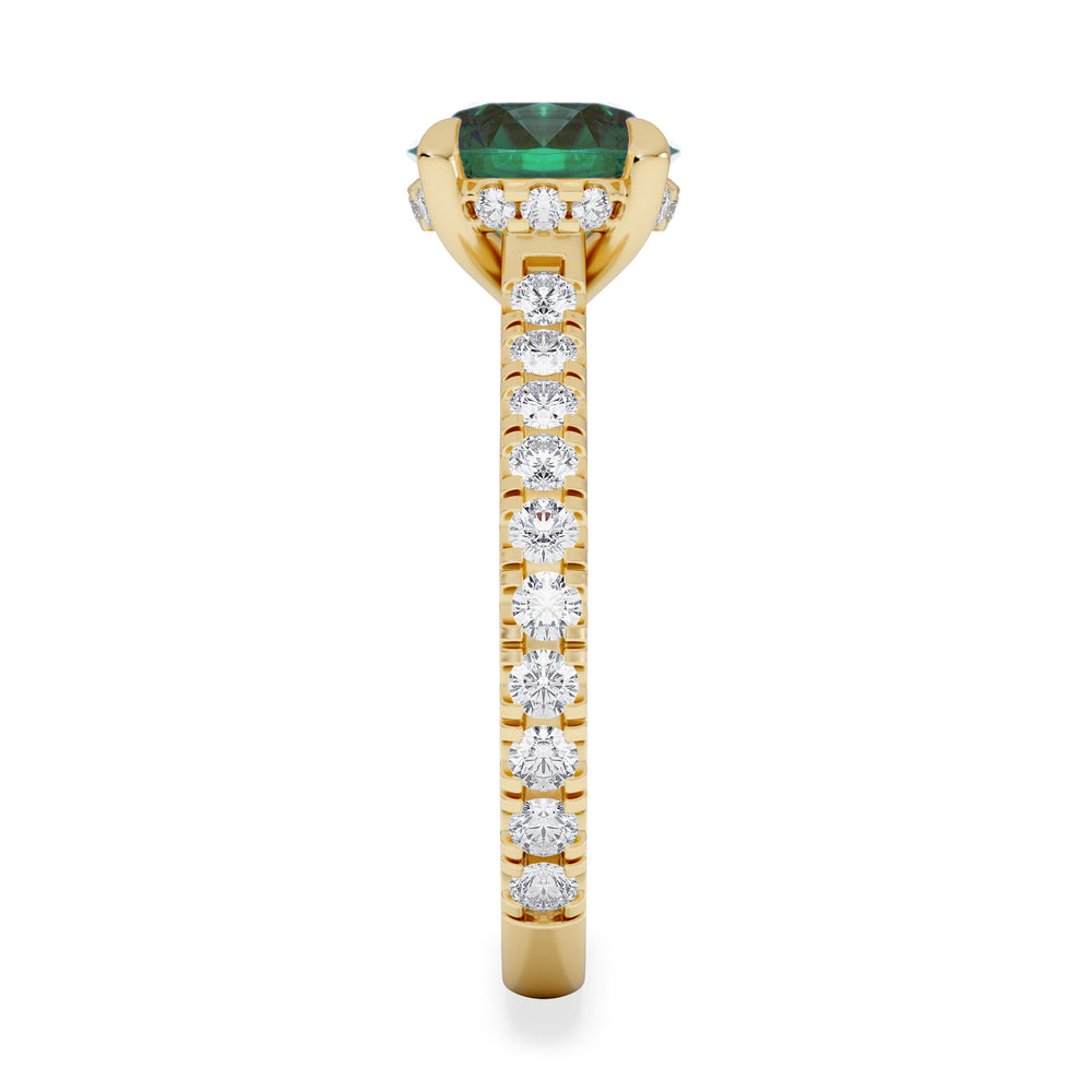 Amora Gem 2.00ct Round Cut Lab Emerald Hidden Halo Engagement Ring with Side Stones in 18K Yellow Gold