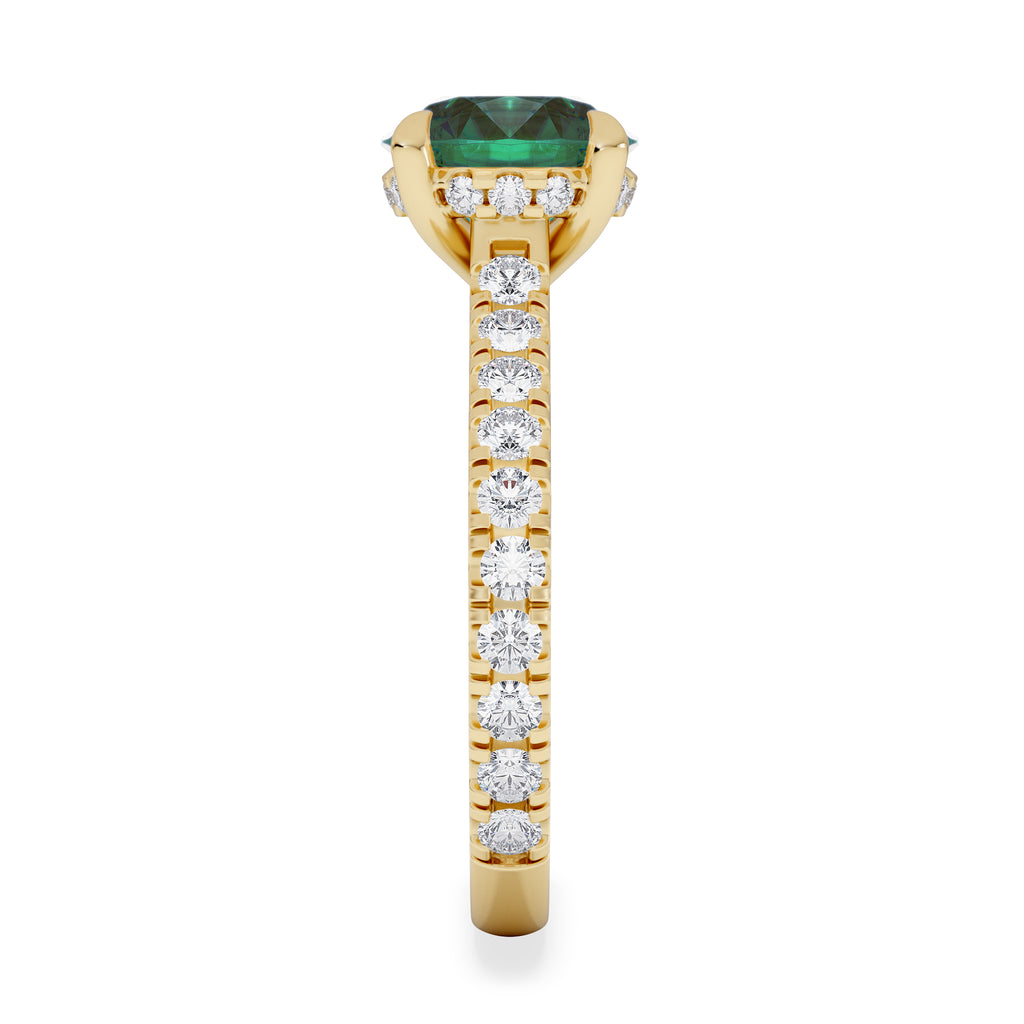 Amora Gem 2.00ct Round Cut Lab Emerald Hidden Halo Engagement Ring with Side Stones in 18K Yellow Gold