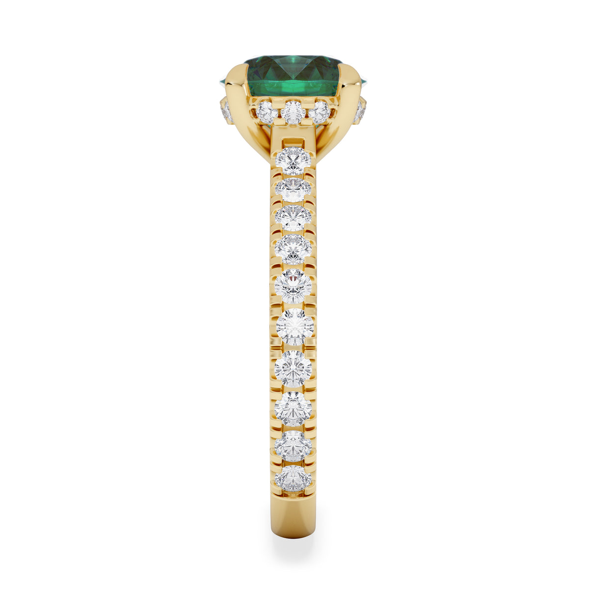 Amora Gem 2.00ct Round Cut Lab Emerald Hidden Halo Engagement Ring with Side Stones in 18K Yellow Gold
