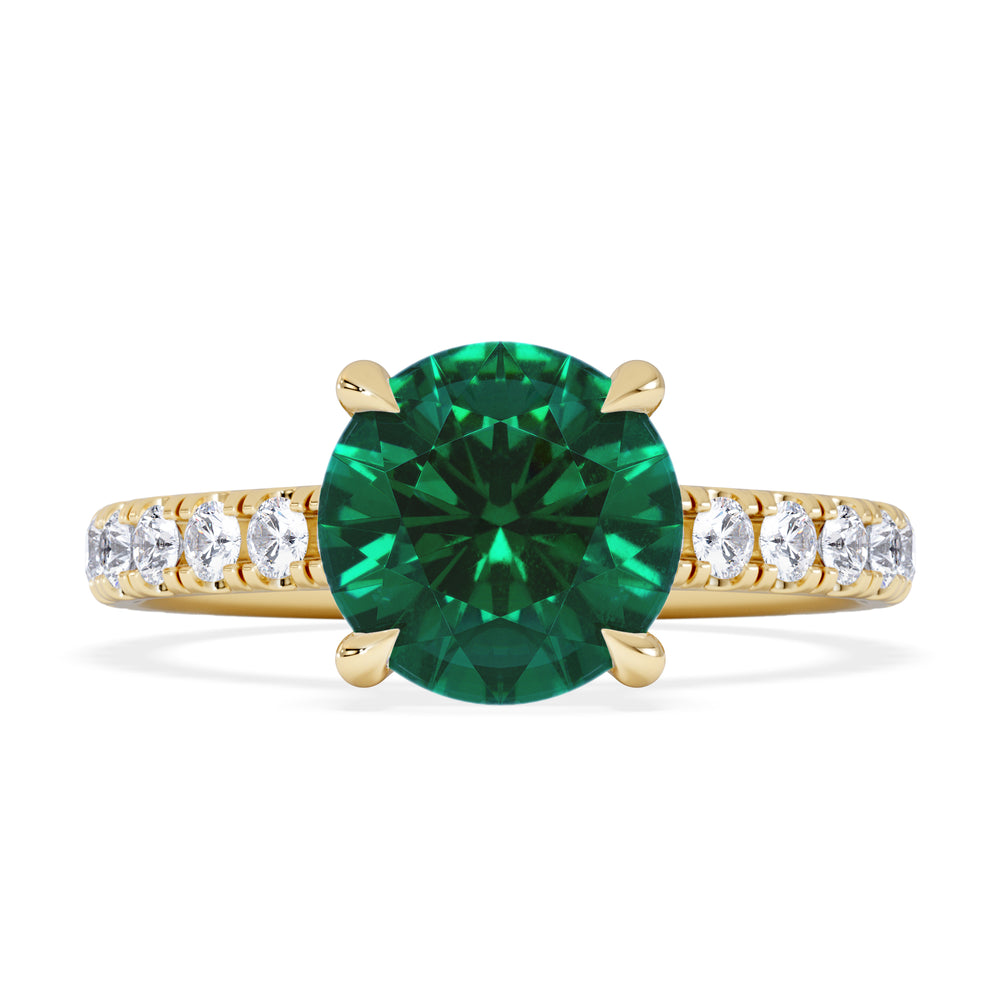 Amora Gem 2.00ct Round Cut Lab Emerald Hidden Halo Engagement Ring with Side Stones in 18K Yellow Gold