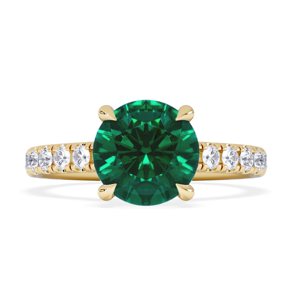 Amora Gem 2.00ct Round Cut Lab Emerald Hidden Halo Engagement Ring with Side Stones in 18K Yellow Gold