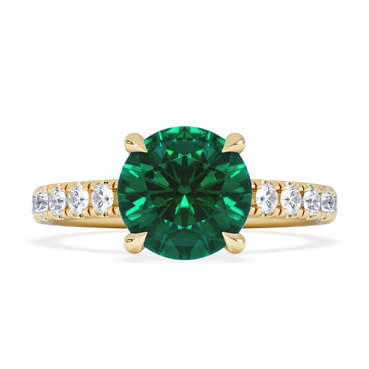 Amora Gem 2.00ct Round Cut Lab Emerald Hidden Halo Engagement Ring with Side Stones in 18K Yellow Gold