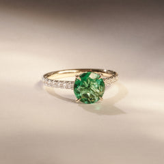 Amora Gem 2.00ct Round Cut Lab Emerald Hidden Halo Engagement Ring with Side Stones in 18K Yellow Gold