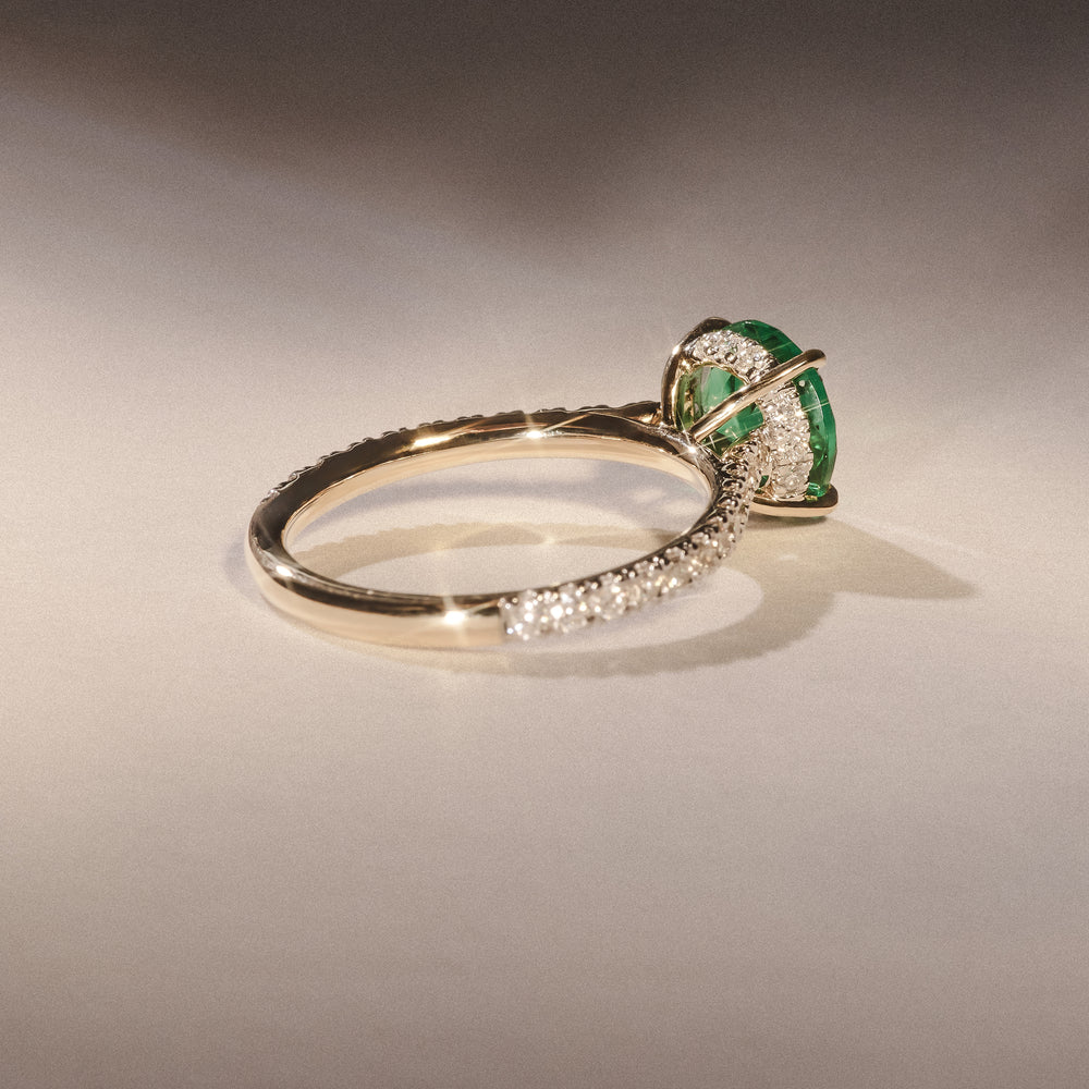Amora Gem 2.00ct Round Cut Lab Emerald Hidden Halo Engagement Ring with Side Stones in 18K Yellow Gold